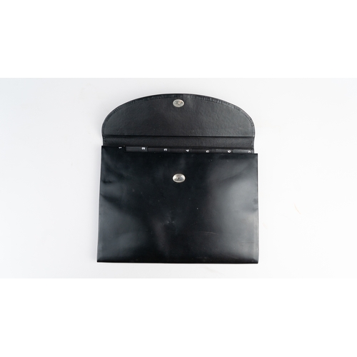 41 - A BLACK LEATHER DOCUMENT FOLDER,
Of rectangular shape, in an envelope shape with a pin closure, open... 