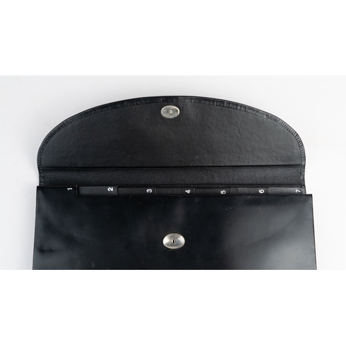 41 - A BLACK LEATHER DOCUMENT FOLDER,
Of rectangular shape, in an envelope shape with a pin closure, open... 