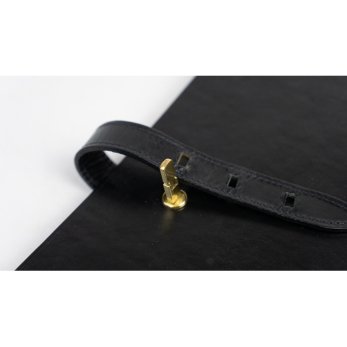 43 - A BLACK LEATHER DOCUMENT HOLDER,
Of rectangular form, the front pocket, the interior housing four se... 