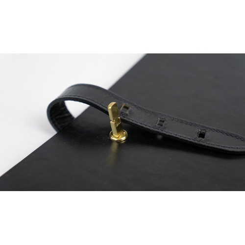 43 - A BLACK LEATHER DOCUMENT HOLDER,
Of rectangular form, the front pocket, the interior housing four se... 