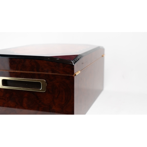 54 - LACQUER BURGUNDY AND CIGAR HUMIDOR, KEYHOLE LOCK WITH HYGROMETER 
A large burgundy and brown lacquer... 