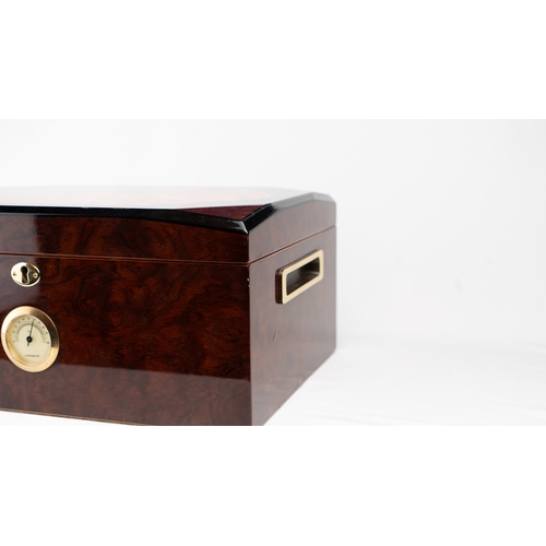 54 - LACQUER BURGUNDY AND CIGAR HUMIDOR, KEYHOLE LOCK WITH HYGROMETER 
A large burgundy and brown lacquer... 