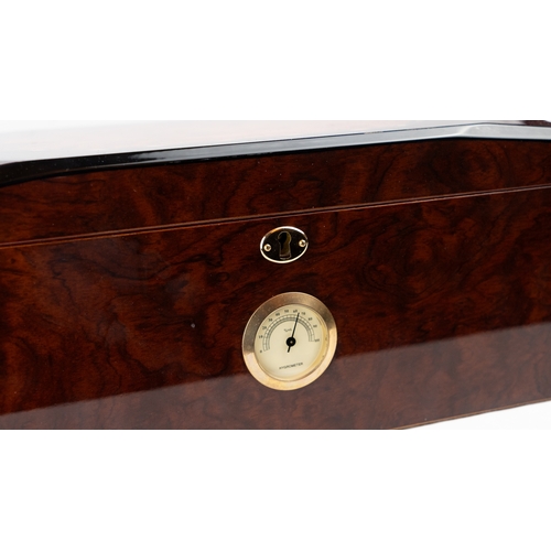 54 - LACQUER BURGUNDY AND CIGAR HUMIDOR, KEYHOLE LOCK WITH HYGROMETER 
A large burgundy and brown lacquer... 