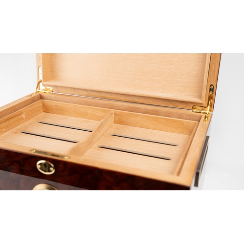 54 - LACQUER BURGUNDY AND CIGAR HUMIDOR, KEYHOLE LOCK WITH HYGROMETER 
A large burgundy and brown lacquer... 