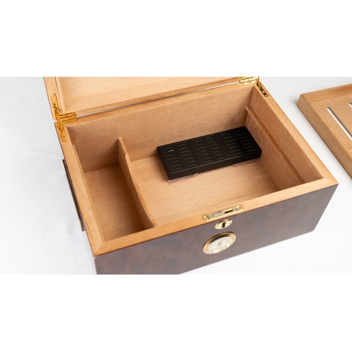 54 - LACQUER BURGUNDY AND CIGAR HUMIDOR, KEYHOLE LOCK WITH HYGROMETER 
A large burgundy and brown lacquer... 