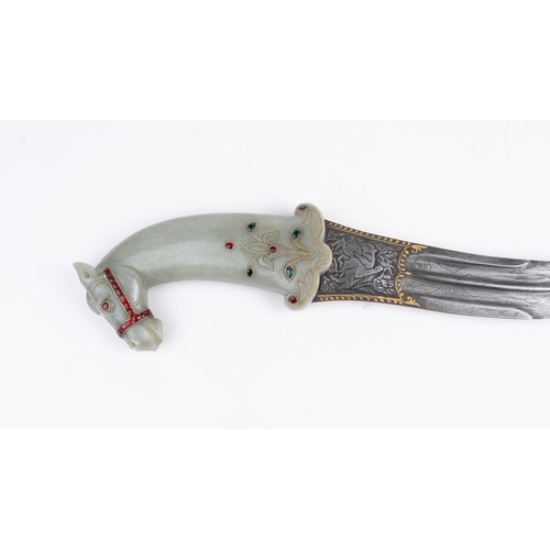 81 - A MUGHAL JADE HORSE GEM SET HILTED DAGGER, INDIA, 19TH CENTURY

With a curved double-edged plain ste... 