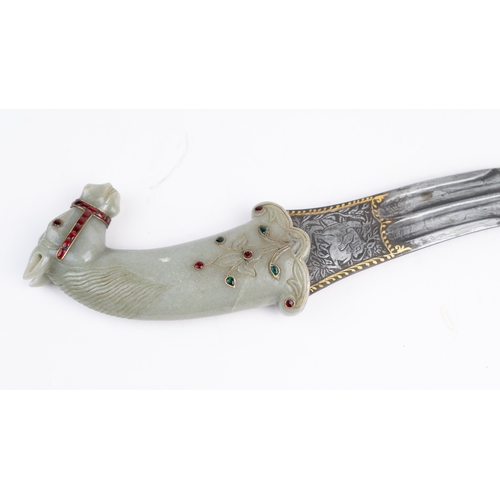 81 - A MUGHAL JADE HORSE GEM SET HILTED DAGGER, INDIA, 19TH CENTURY

With a curved double-edged plain ste... 