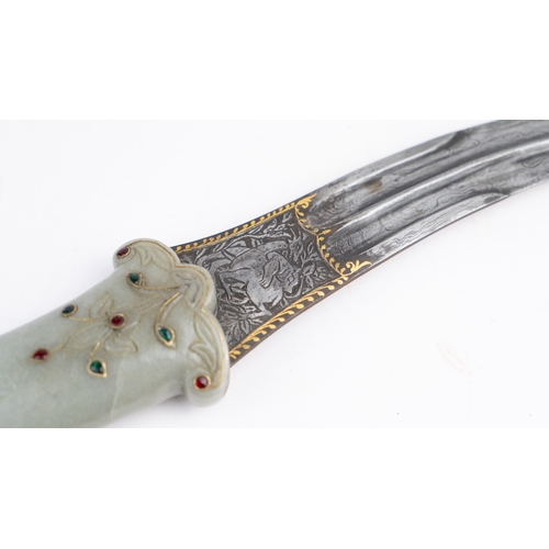 81 - A MUGHAL JADE HORSE GEM SET HILTED DAGGER, INDIA, 19TH CENTURY

With a curved double-edged plain ste... 