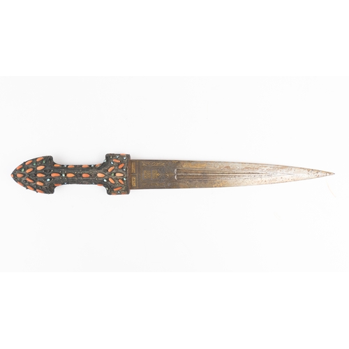 82 - AN OTTOMAN TURQUOISE & CORAL-INLAID GOLD DAMASCENED STEEL DAGGER (JAMBIYYA) TURKEY, 19TH CENTURY
Dou... 