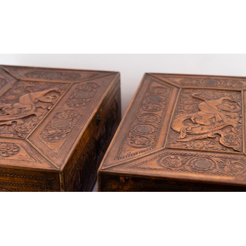 100 - TWO PERSIAN QAJAR FRUITWOOD BOXES, LATE 19th CENTURY
Of rectangular form, resting on a flat base, hi... 