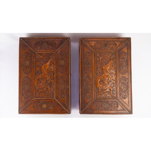 100 - TWO PERSIAN QAJAR FRUITWOOD BOXES, LATE 19th CENTURY
Of rectangular form, resting on a flat base, hi... 