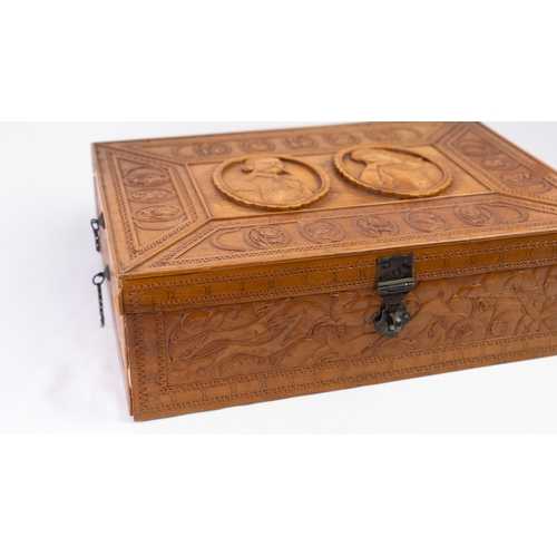 101 - A PERSIAN WOODEN BOX
Of rectangular form, resting on flat base, with a raised central panel on the l... 