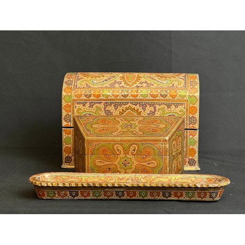 36 - KASHMIRI HANDPAINTED WOODEN DESK SET COMPRISING A DOMED STATIONERY BOX, 
A SMALLER BOX AND PEN TRAY
... 