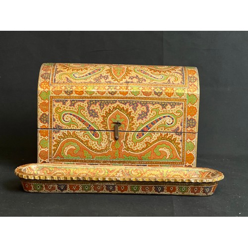 36 - KASHMIRI HANDPAINTED WOODEN DESK SET COMPRISING A DOMED STATIONERY BOX, 
A SMALLER BOX AND PEN TRAY
... 