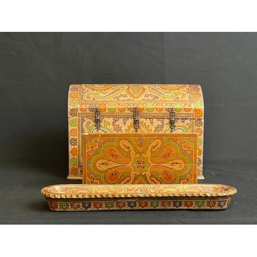 36 - KASHMIRI HANDPAINTED WOODEN DESK SET COMPRISING A DOMED STATIONERY BOX, 
A SMALLER BOX AND PEN TRAY
... 