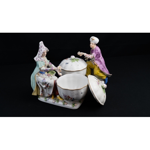 11 - A PAIR OF CONTINENTAL PORCELAIN ECUELLE WITH FIGURES OF OTTOMAN,   
Of rounded form, two ribbed ecue... 