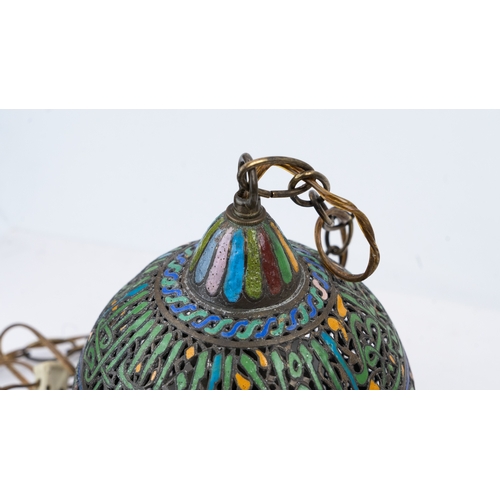 25 - AN ENAMELLED  BRONZE LAMP, ANDALUSIA, LATE 19TH CENTURY
Of globular form, standing on four cylindric... 