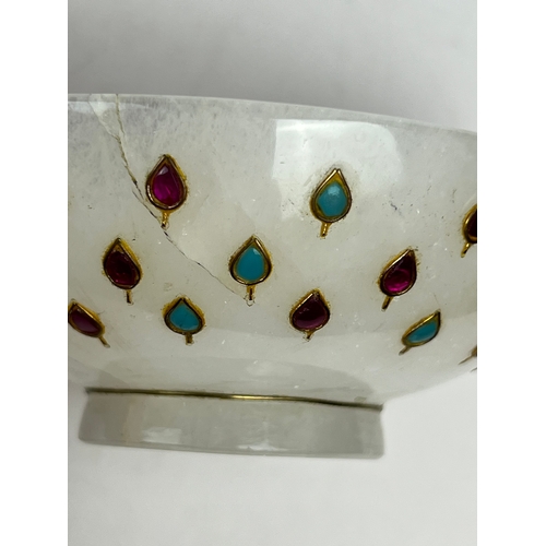 29 - A MUGHAL STYLE GEM INSET JADE BOWL, INDIA

Of deep rounded form, resting on a short circular foot, e... 