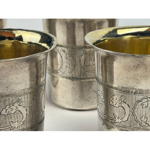 53 - A SET OF SIX SILVER CUPS, OTTOMAN EMPIRE 
Each of traditional form, resting on a flat base with an e... 