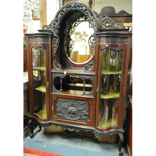 185 - Victorian mahogany carved mirror backed display cabinet, with centre shelves and press, flanked by t... 