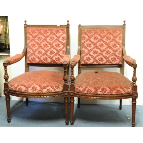 188 - Pair of Regency-style red upholstered armchairs on turned & reeded legs