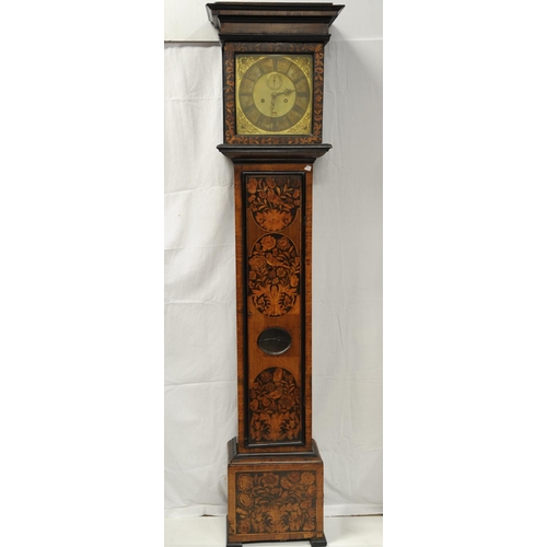 192 - Queen Anne inlaid walnut marquetry longcase grandfather clock inscribed 