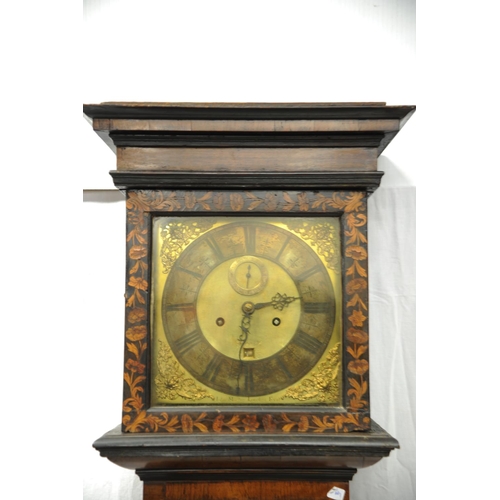 192 - Queen Anne inlaid walnut marquetry longcase grandfather clock inscribed 