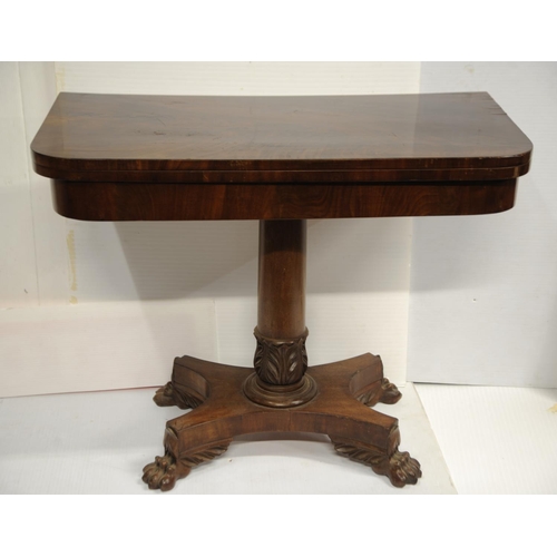 197 - William IV mahogany swivel top fold over card table on centre pod with platform base and claw feet (... 