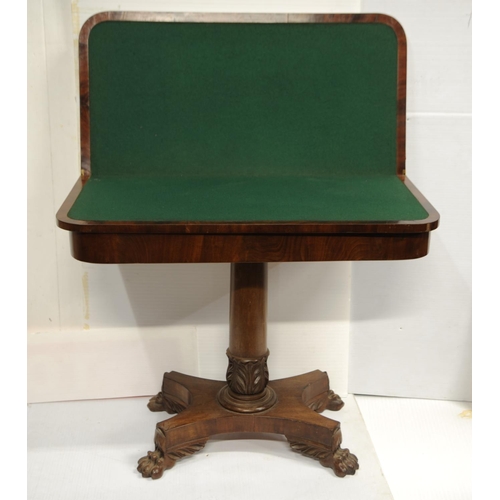197 - William IV mahogany swivel top fold over card table on centre pod with platform base and claw feet (... 