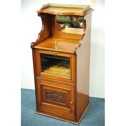 210 - Victorian mahogany mirror-backed cabinet with brass gallery top pull- down glazed door and cupboard ... 