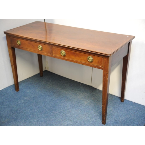 212 - Edwardian inlaid mahogany and cross banded side/hall table fitted with two drawers on tapered legs (... 