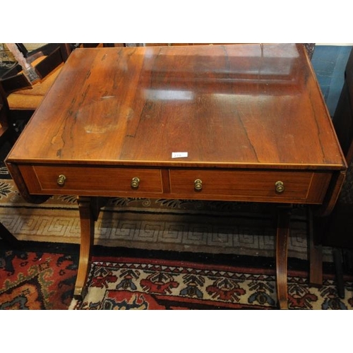 214 - Regency-style rosewood inlaid sofa table, fitted with two drawers & two dummy drawers, on cross stre... 