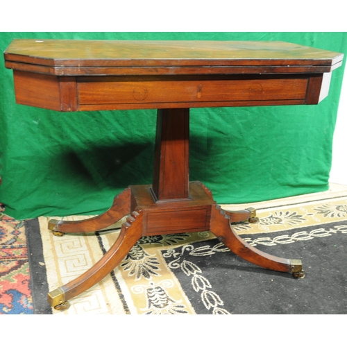 218 - William IV mahogany inlaid fold over tea table, on platform base with four splayed legs (38