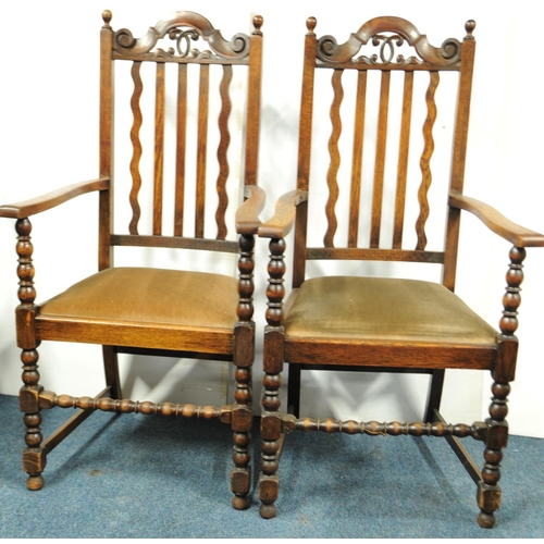 226 - Pair of oak high-backed upholstered armchairs