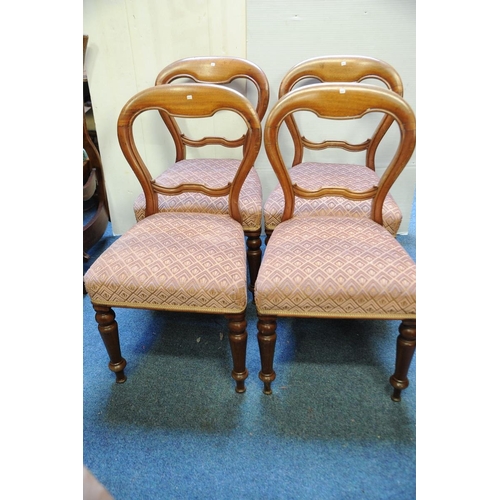 302 - Set of 4 Victorian Mahogany Balloon backed upholstered Diningroom Chairs on turned and sabre legs