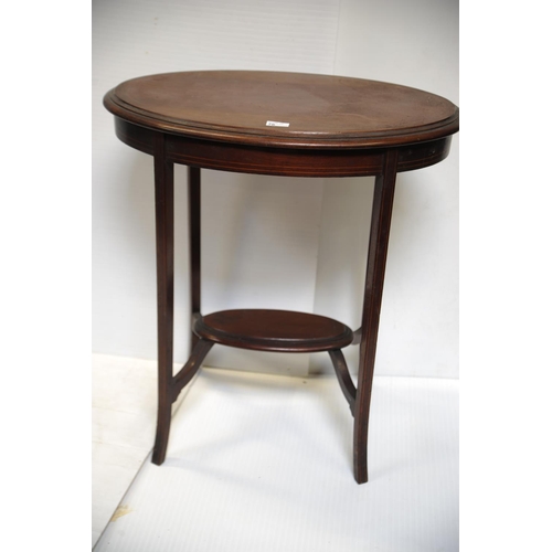 76 - Edwardian inlaid Mahogany oval shaped Occasional Table on reeded legs  with cross stretcher and plat... 