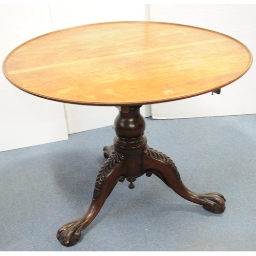 106 - Regency Mahogany Circular snap top Table on baluster pod with 3 ball on claw feet.               (39... 