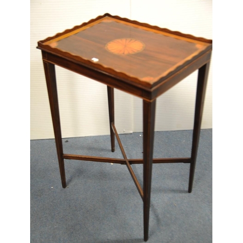 107 - Inlaid Mahogany Sheraton style Centre Table on tapered legs with cross stretcher.