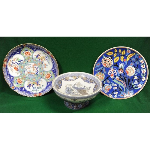 145 - Blue & white Fruit Bowl decorated with Peacocks and Large oriental Placque and a decorative blue Pla... 