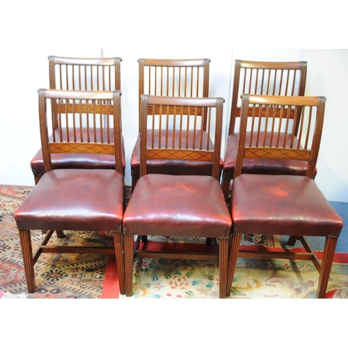 148 - Set of 6 nine bar inlaid Mahogany Hide upholstered Cork Dining Chairs on tapered and sabre legs with... 