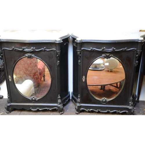 153 - Pair of Victorian ebonized marble topped Mirror door Side Cabinets. ( 36