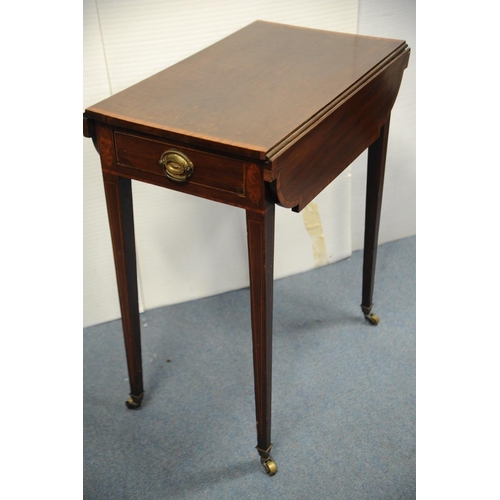 166 - Georgian inlaid Mahogany Pembroke Table fitted with drawer on tapered legs with brass castors.