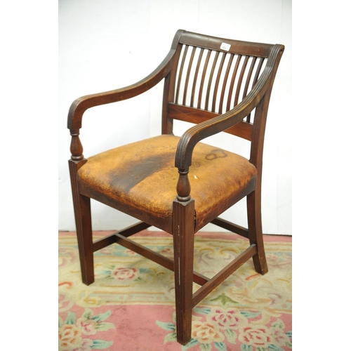 169 - Single inlaid Mahogany Cork 11 Bar hide upholstered Carver Chair.