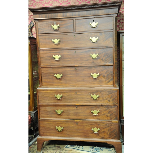 184 - Georgian Mahogany Secretaire Chest on Chest with fitted interior, dental frieze, 8 graduated drawers... 