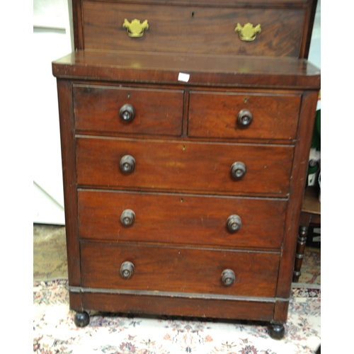 187 - Victorian Mahogany Chest of 5 Drawers on bun feet.     (39