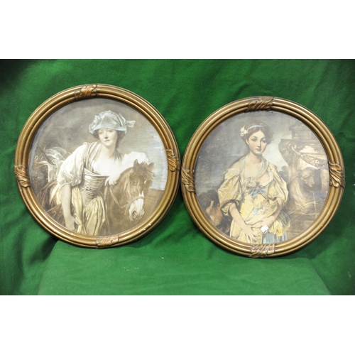 195 - Pair of gilt framed Victorian circular coloured Prints of Ladies (19