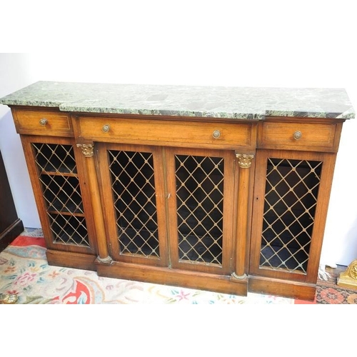 202 - Regency Mahogany brass inlaid breakfront Marble topped Floor Bookcase.