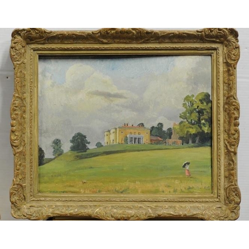 207 - Gilt framed Oil on Panel  of large House of Lady on Lawn - Signed FB 1950 with Christie's & Edmiston... 