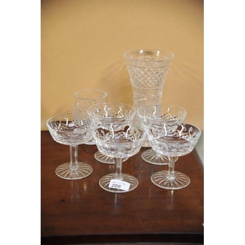 208 - 5 Waterford cut glass Champagne Glasses, Waterford cut glass Vase and Waterford cut glass Jug