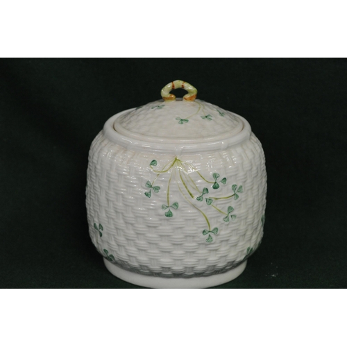 24 - Belleek Biscuit Barrel with lid.